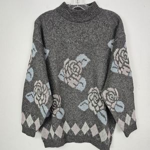 VTG Lambswool Sweater No Brand Gray Mock Neck Floral Accents Sz 12/14 Grannycore